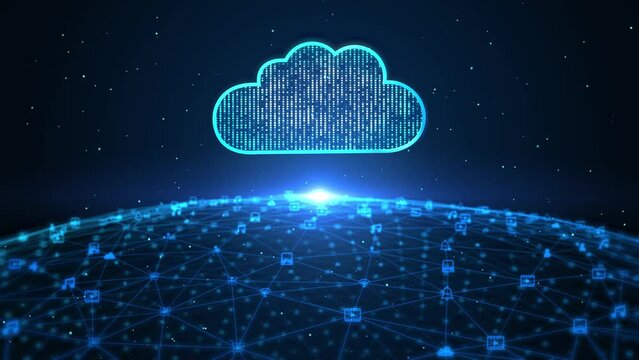 4K Loop Cloud computing cloud services IOT big data Analysis Cybersecurity Background. Digital data of futuristic technology artificial intelligence, Global network 5g high speed internet connection.