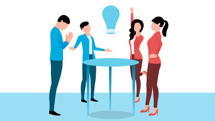 A team near table with bulb, startup business character vector illustration on white background.
