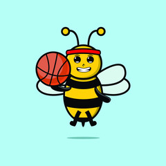 Cute cartoon bee character playing basketball 