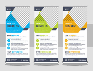 Roll up banner stand template design, blue banner layout, advertisement, pull up, polygon background, vector illustration, business flyer, display, x-banner, flag-banner