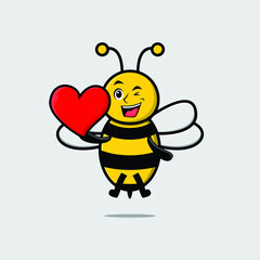 Cute cartoon bee character holding big red heart in modern style design 