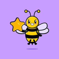Cute cartoon bee character holding big golden star in cute modern style design
