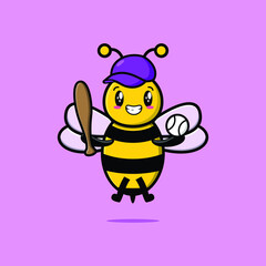 Cute cartoon bee character playing baseball in modern style design