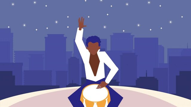 young male musician playing timbal character