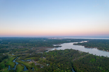 View of Dog River and the city of Mobile at sunset 