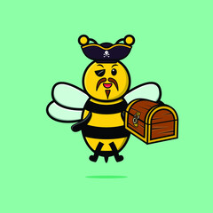 Cute cartoon character Bee pirate with treasure box in modern style design