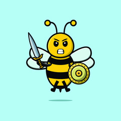 Fototapeta premium Cute cartoon character Bee holding sword and shield in modern style design