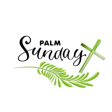 Palm Sunday Christian Religious Holiday Symbol With Cross, Palm Branch ,Leaves and Text. Vector Image