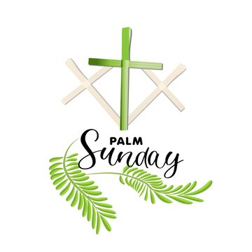 Palm Sunday Christian Religious Holiday Symbol With Cross, Palm Branch ,Leaves and Text. Vector Image