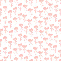 Scandi folk style flowers. Cartoon drawing pink seamless floral pattern. Scandinavian folk style. For fabric, cards, wallpaper, home decor.