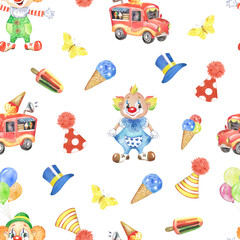 Watercolor pattern with funny clowns, children's festive pattern for children's clothes. Clowns, balloons, ice cream