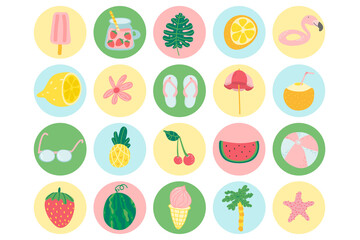 Travel and Vacation Flat Design Icon Set. Collection of tourism and vacation vector symbols in circle. Highlight bright temlate. Social media.