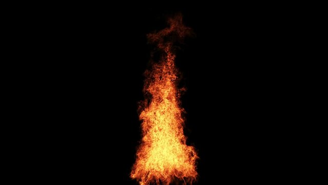 A bright smokeless flame shoots up on a black background. Burning huge powerful fire.