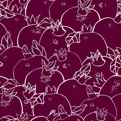 Seamless texture with pomegranate fruits and leaves. Pattern with hand drawn plants. Linear drawing on a dark background. Print for fabric, juice packaging, website design. - 497342973