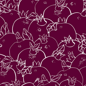 Seamless texture with pomegranate fruits and leaves. Pattern with hand drawn plants. Linear drawing on a dark background. Print for fabric, juice packaging, website design.