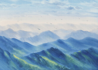 Morning light in the mountains watercolor landscape