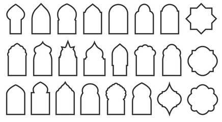 Arabic arch windows and doors. Set of silhouettes of islamic badges. Traditional architecture elements isolated on white background. Vector EPS 10