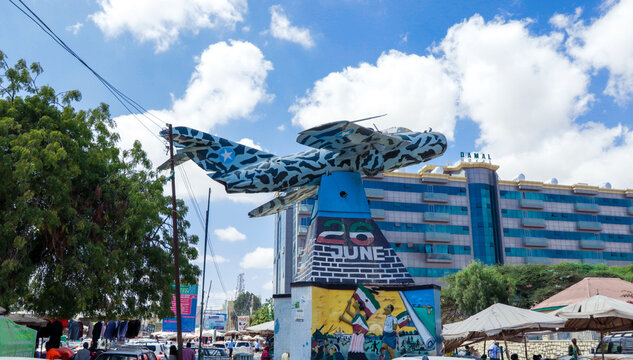 Hargeysa, Somaliland - November 10, 2019: Old Soviet MIG airplane in the center of Hargeisa