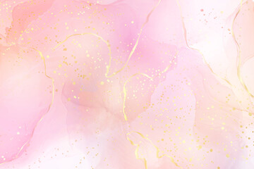 Fototapeta na wymiar Rose pink liquid watercolor background with golden lines. Royal elegant blush marble alcohol ink drawing effect. Bridal vector illustration for wedding invitation, menu, rsvp design