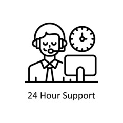24 Hour Support vector outline icon for web isolated on white background EPS 10 file