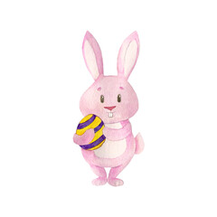 Cute rabbit with an easter egg. Hand drawn watercolor illustration of Easter. Easter or kids themed birthday card template with bunny. Watercolor clipart for cards, stickers, posters, banners