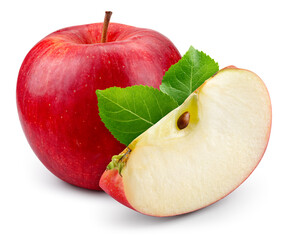 Red apple with a slice isolated. Whole and cut apple with green leaf on white background. Red appl...
