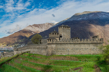 Fototapeta na wymiar Montebello Castle in spring color morning in Bellinzona city