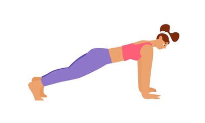 Woman practicing yoga, Plank pose, Kumbhakasana. Flat vector illustration, isolated character