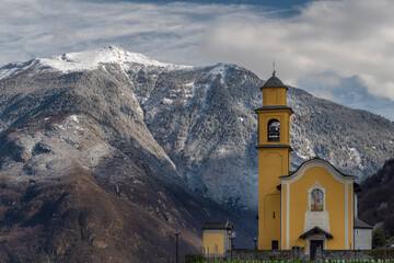 Fototapeta na wymiar Chiesa di San Sebastiano church in spring color morning in Bellinzona town