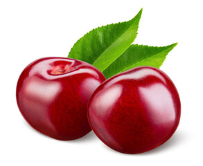 Cherry isolated. Cherries with leaves on white background. Two sour cherri on white. Cherry leaf. Full depth of field.