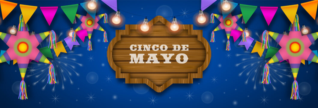 Cinco De Mayo Banner With Colorful Pinatas And Pennants