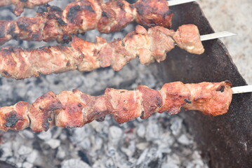 Pork meat shish kebab on a fire on coals