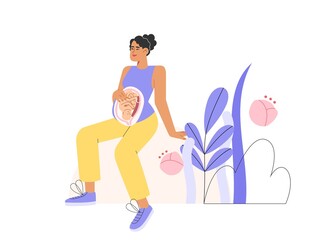 Flat vector illustration with happy pregnant woman. Concept of conscious pregnancy.