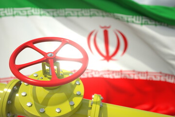 Waving flag of Iran and the gas or oil pipeline valve. Conceptual 3d rendering