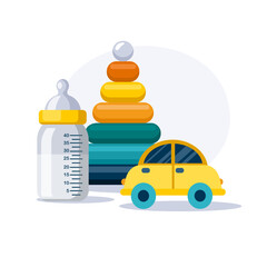 Childrens pyramid, yellow car and baby bottle - 497345576