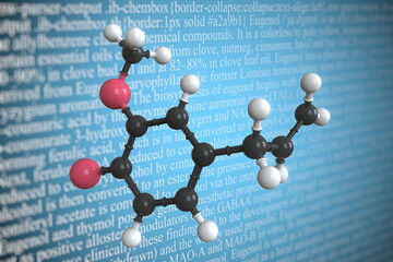 Eugenol scientific molecular model, 3D rendering