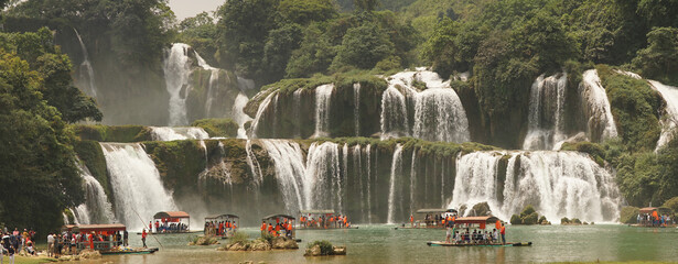Ban Gioc Waterfall during public holiday with big crowds in Vietnam.
