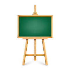 Realistic green chalkboard on wooden easel. Blank blackboard in wooden frame on a tripod. Presentation board, writing surface for text, drawing. Online studying, learning mockup. Vector illustration