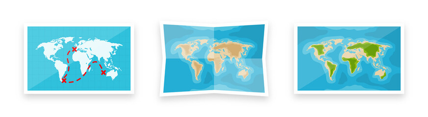 Folded world maps in a flat style. Simplified paper map with shadow. Navigation, route and road trip planning. Vector illustration.