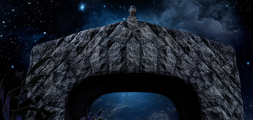 Stone mystical gate decorated with sculpture of owl on the starry sky background. Philosophy image of time transience.