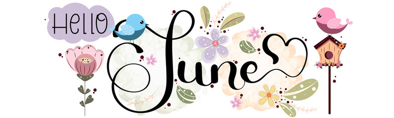 Hello June. JUNE month vector with flowers, birds and leaves. Decoration letters floral. Illustration month June	
 - obrazy, fototapety, plakaty
