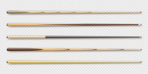 Various wooden billiard cues. Snooker sports equipment. Vintage pool cue. Active recreation and entertainment. Vector illustration