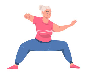 Fototapeta na wymiar Grey Haired Woman Character Practicing Tai Chi and Qigong Exercise as Internal Chinese Martial Art Vector Illustration