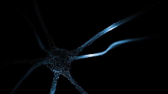 3d nerve cell in the brain with pulse light on clean black backgrounds.