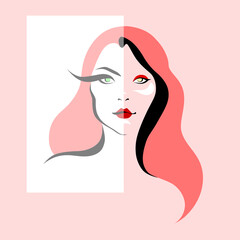 Simple portrait of an asymmetric woman on the pink and white background.