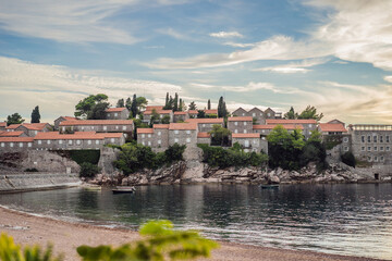 Beautiful view of the island of St. Stephen, Sveti Stefan on the Budva Riviera, Budva, Montenegro