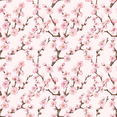 Spring sakura blossom seamless pattern. Watercolor floral print. Pink flowers of plum or cherry tree. Hand painted botanical wallpaper.
