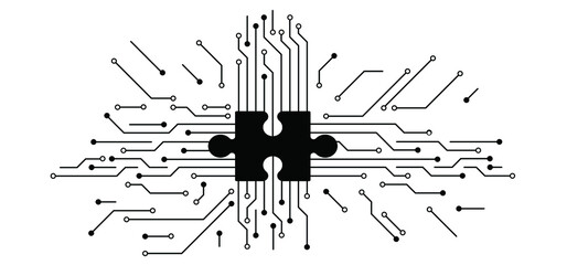 jigsaw puzzle pieces. Cloud security, open or close padlock. Lock or unlock icon. Circuit board or electronic motherboard. lines and dots connect. Vector high-tech technology data.  - obrazy, fototapety, plakaty
