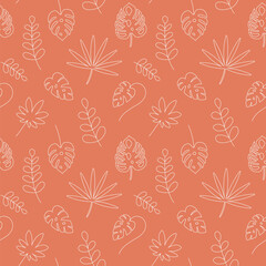 Pink seamless pattern with exotic leaves. Boho palm and monstera leaf. Bohemian style for clothing. Vector illustration