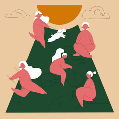 Vector flat cartoon characters doing activities and walking fashion,emotions,healthy lifestyle social concept.